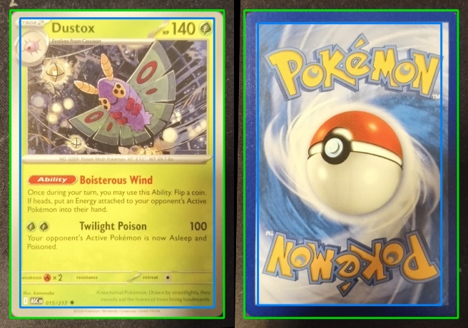 Front and back of a Pokémon card, flattened and measured by Binderly