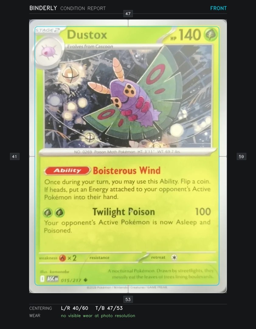 Binderly AI condition report of a Pokémon card, showing centering measurements